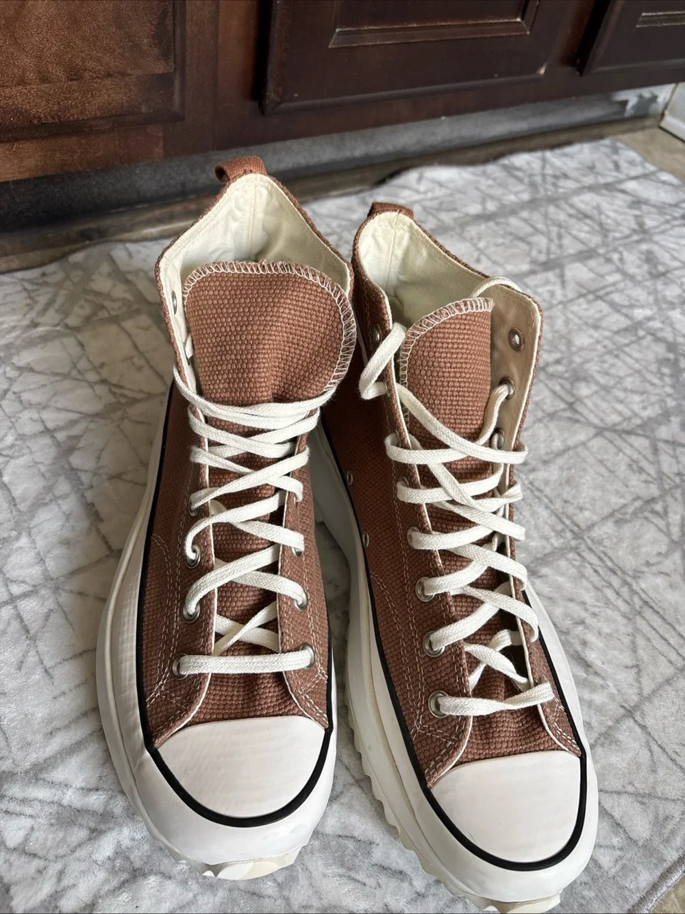 Converse High-Top Sneakers in Brown and White Canvas